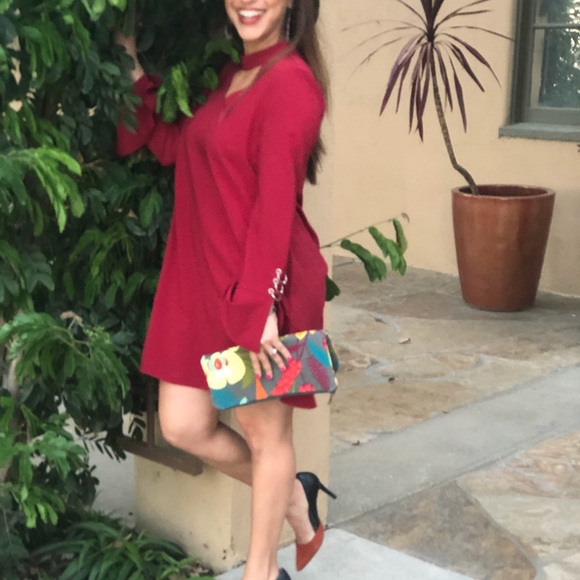 Crimson skater dress w/choker & v-neck, Gorgeous! Sz M - Picture 8 of 16